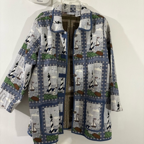 Vtg 90s Blair Nautical Sailboat Lighthouse Tapestry Jacket Lined Sz 2XL Coastal - Picture 1 of 14